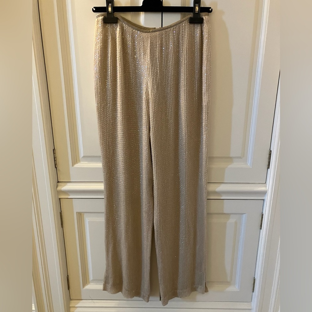 Spectacular body skimming beaded pants, beige with satin waistband.